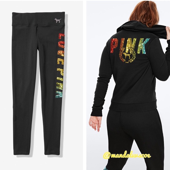 PINK Victoria's Secret Tops - NEW💕VS PINK BLACK RAINBOW BLING FULL ZIP SET